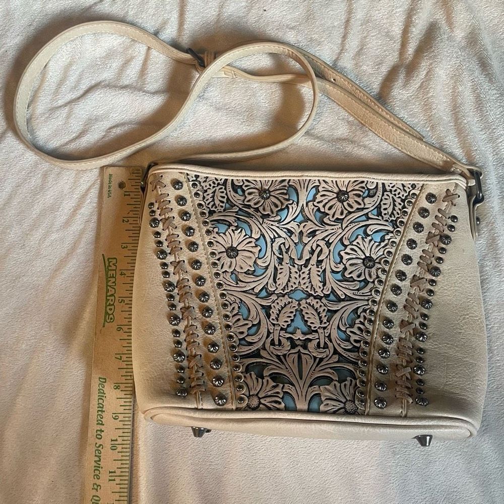 Trinity Ranch women’s handbag cream/blue tooled leather crossbody over shoulder